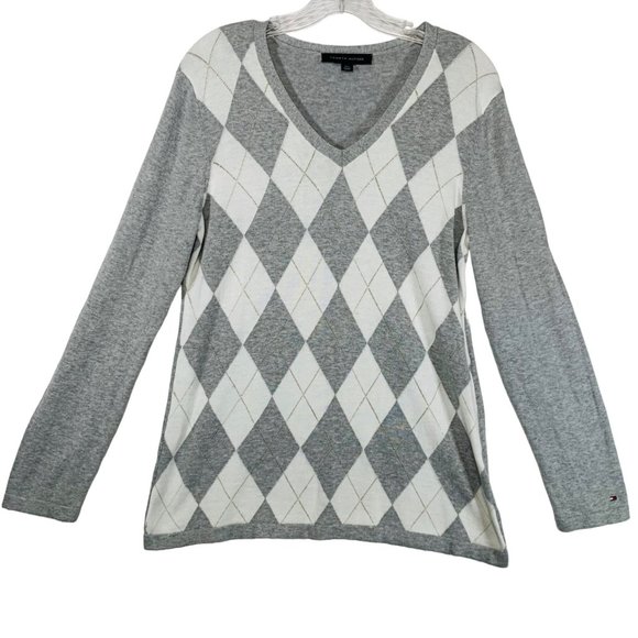 Tommy Hilfiger Womens Argyle Sweater Size L V Neck Pullover Long Sleeve Gray - Picture 1 of 11